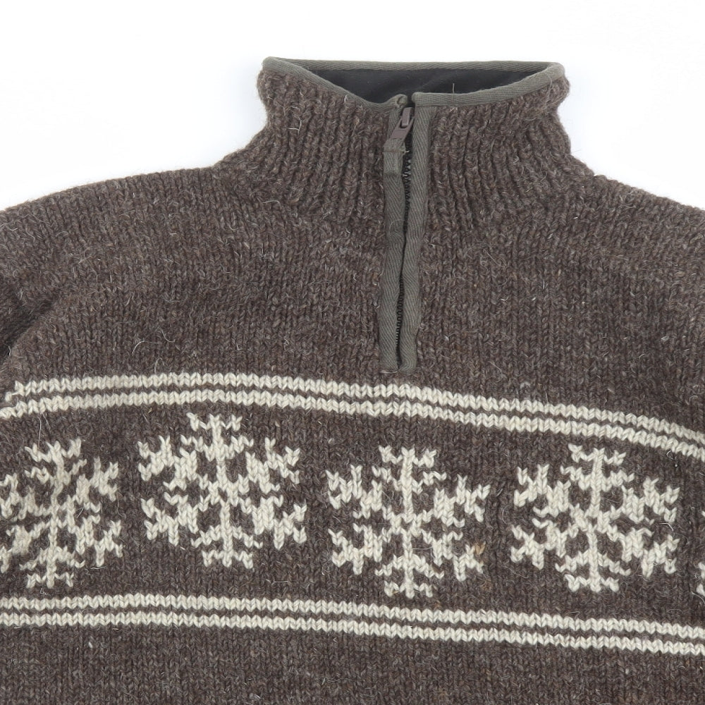 Pachamama Mens Brown High Neck Fair Isle Wool Henley Jumper Size M Long Sleeve