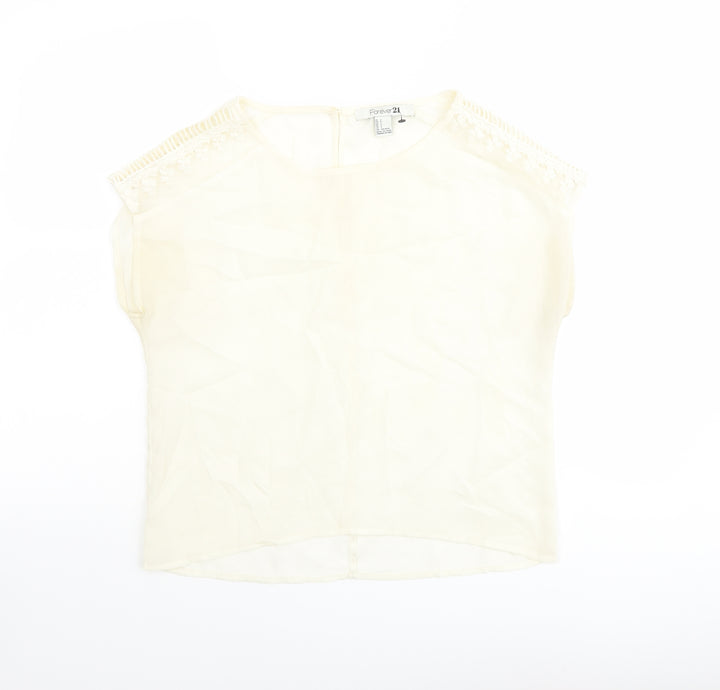 FOREVER 21 Womens Ivory Polyester Basic T-Shirt Size S Round Neck