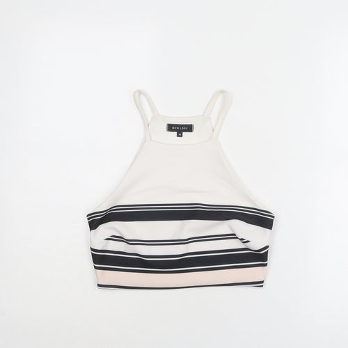 New Look Womens White Striped Polyester Cropped Tank Size 10 Square Neck