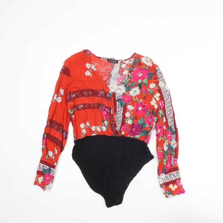 Jeruvre Womens Red Floral Viscose Bodysuit One-Piece Size 14 Snap