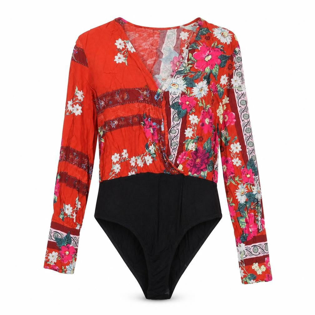 Jeruvre Womens Red Floral Viscose Bodysuit One-Piece Size 14 Snap