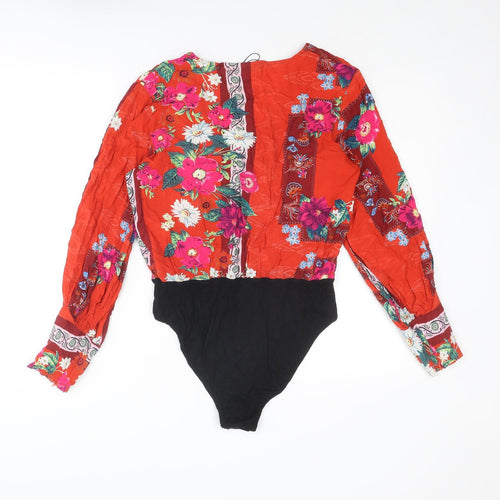 Jeruvre Womens Red Floral Viscose Bodysuit One-Piece Size 14 Snap
