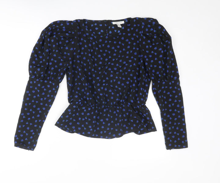 Topshop Womens Black Floral Polyester Basic Blouse Size 10 Round Neck