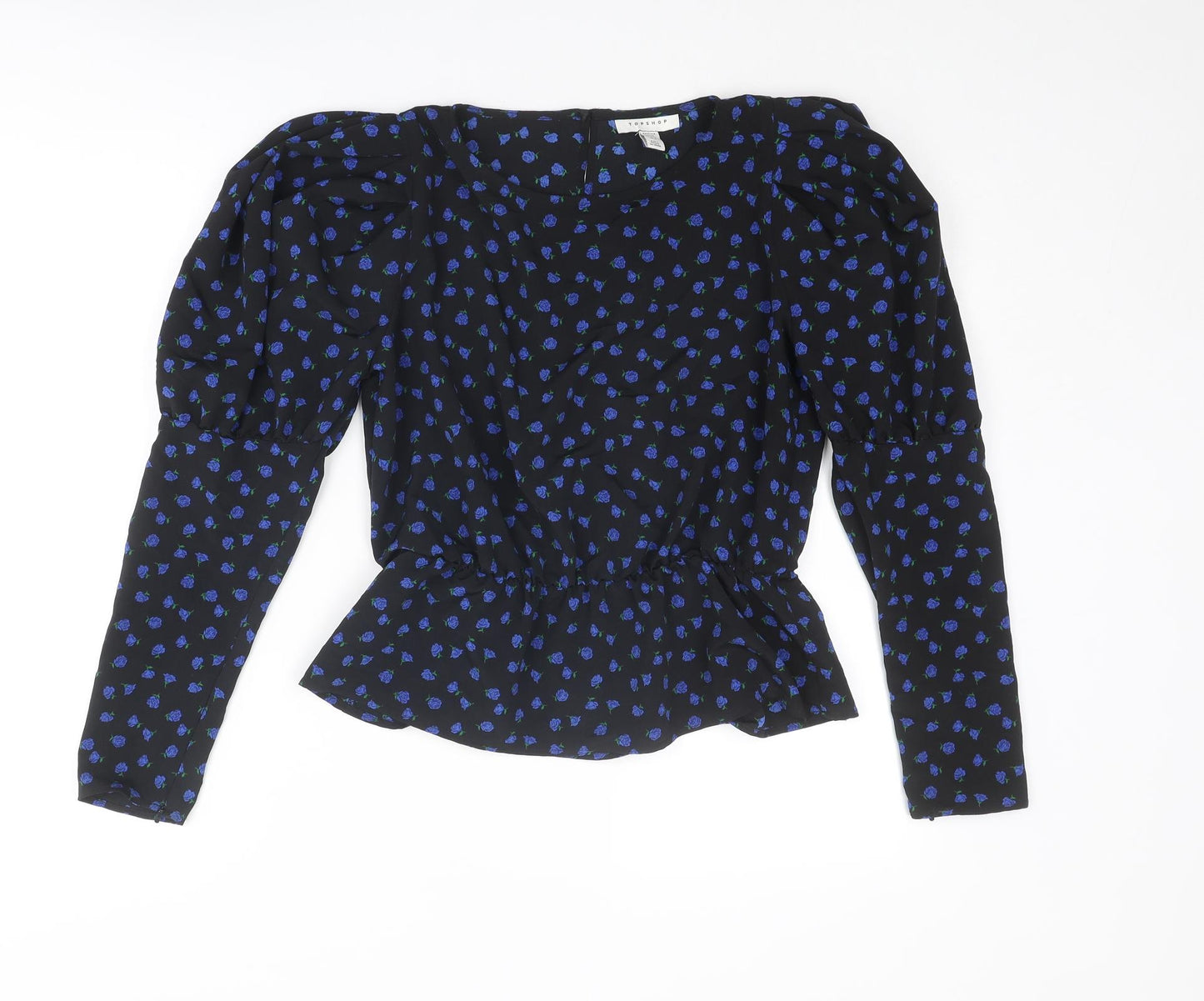 Topshop Womens Black Floral Polyester Basic Blouse Size 10 Round Neck
