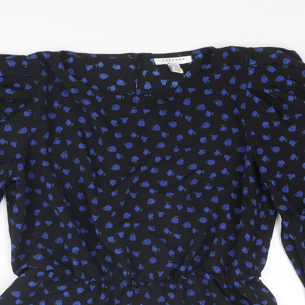 Topshop Womens Black Floral Polyester Basic Blouse Size 10 Round Neck