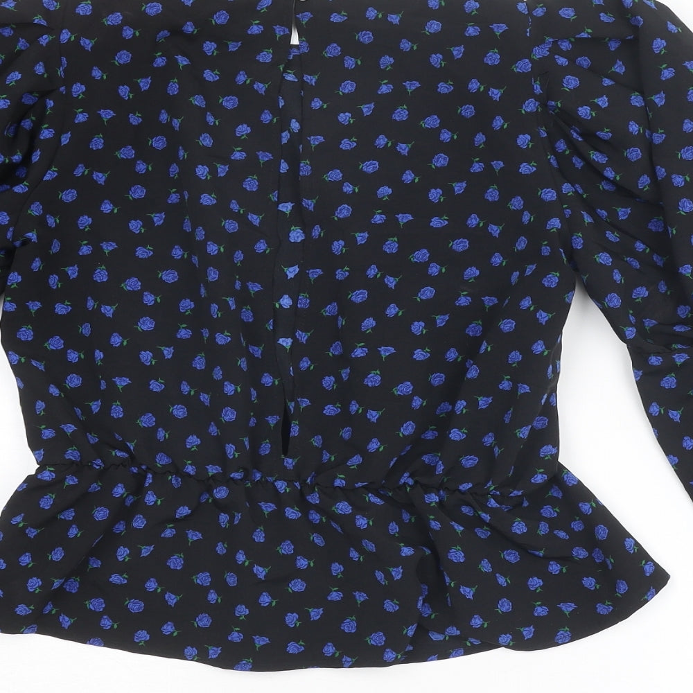 Topshop Womens Black Floral Polyester Basic Blouse Size 10 Round Neck