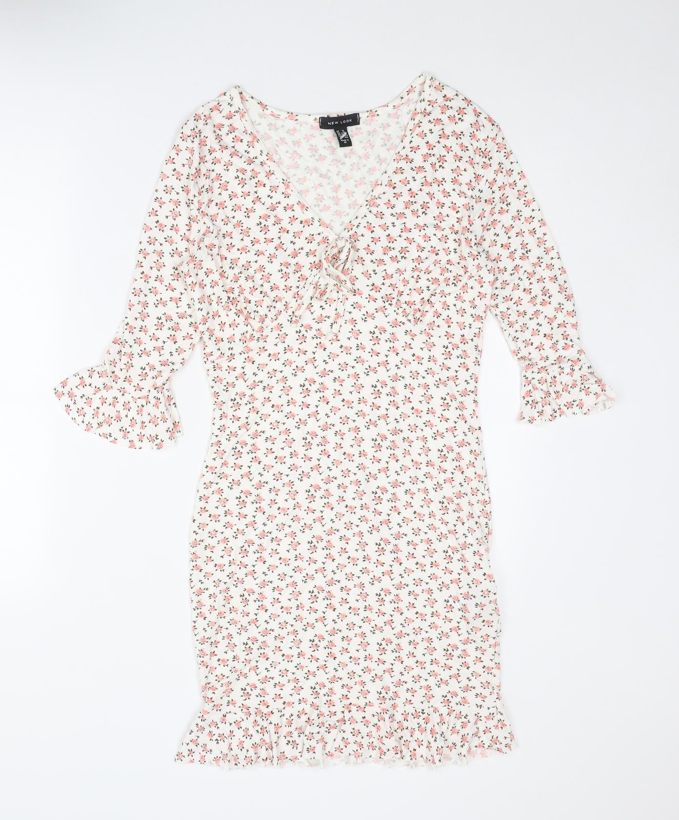 New Look Womens White Floral Viscose Shift Size 12 V-Neck Tie - Flared Sleeve