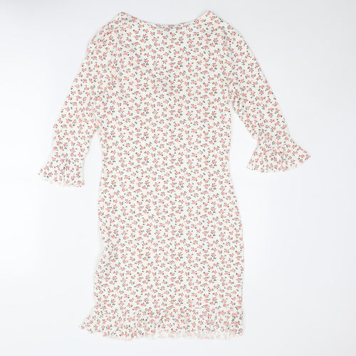New Look Womens White Floral Viscose Shift Size 12 V-Neck Tie - Flared Sleeve