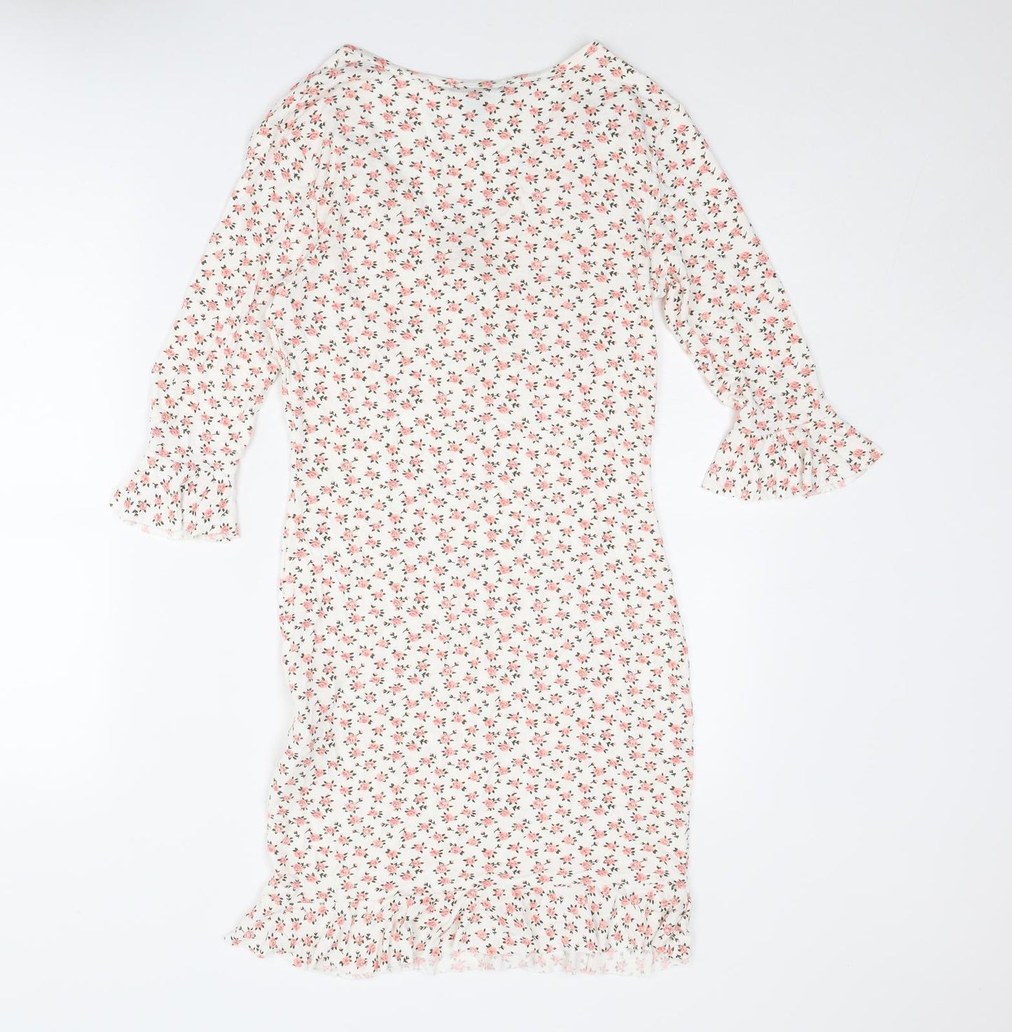 New Look Womens White Floral Viscose Shift Size 12 V-Neck Tie - Flared Sleeve