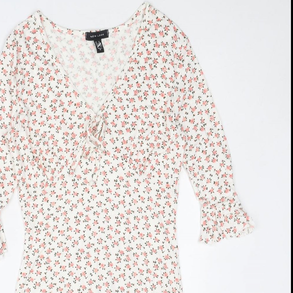 New Look Womens White Floral Viscose Shift Size 12 V-Neck Tie - Flared Sleeve