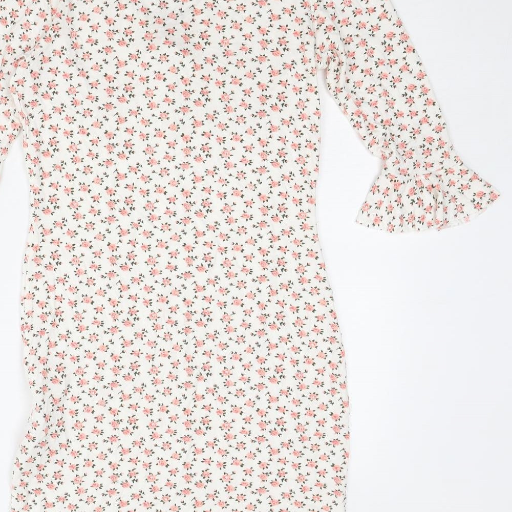 New Look Womens White Floral Viscose Shift Size 12 V-Neck Tie - Flared Sleeve