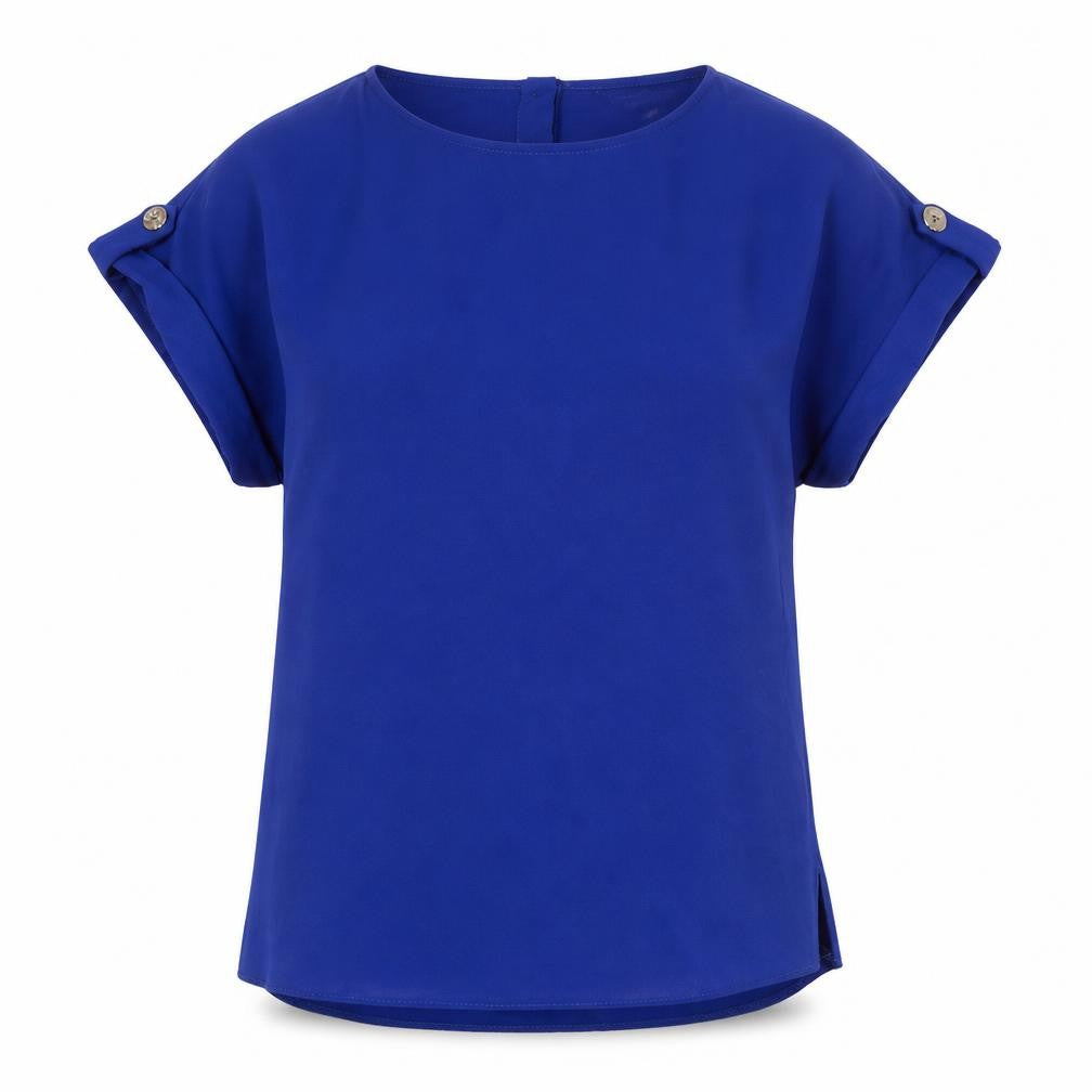Front view of Dorothy Perkins women’s blue polyester basic t-shirt, size UK 8, round neck
