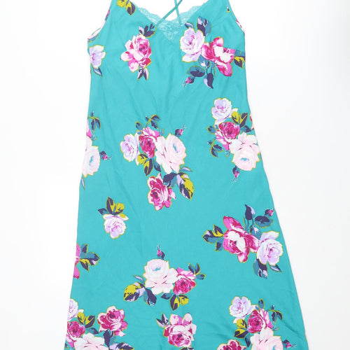 Marks and Spencer Womens Blue Floral Polyester Chemise Dress Size 10 - Lace Trim