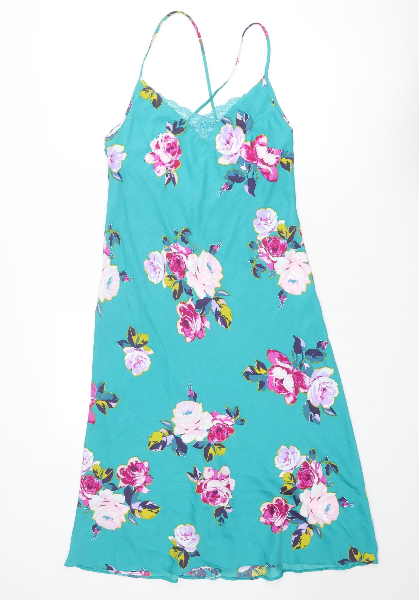 Marks and Spencer Womens Blue Floral Polyester Chemise Dress Size 10 - Lace Trim