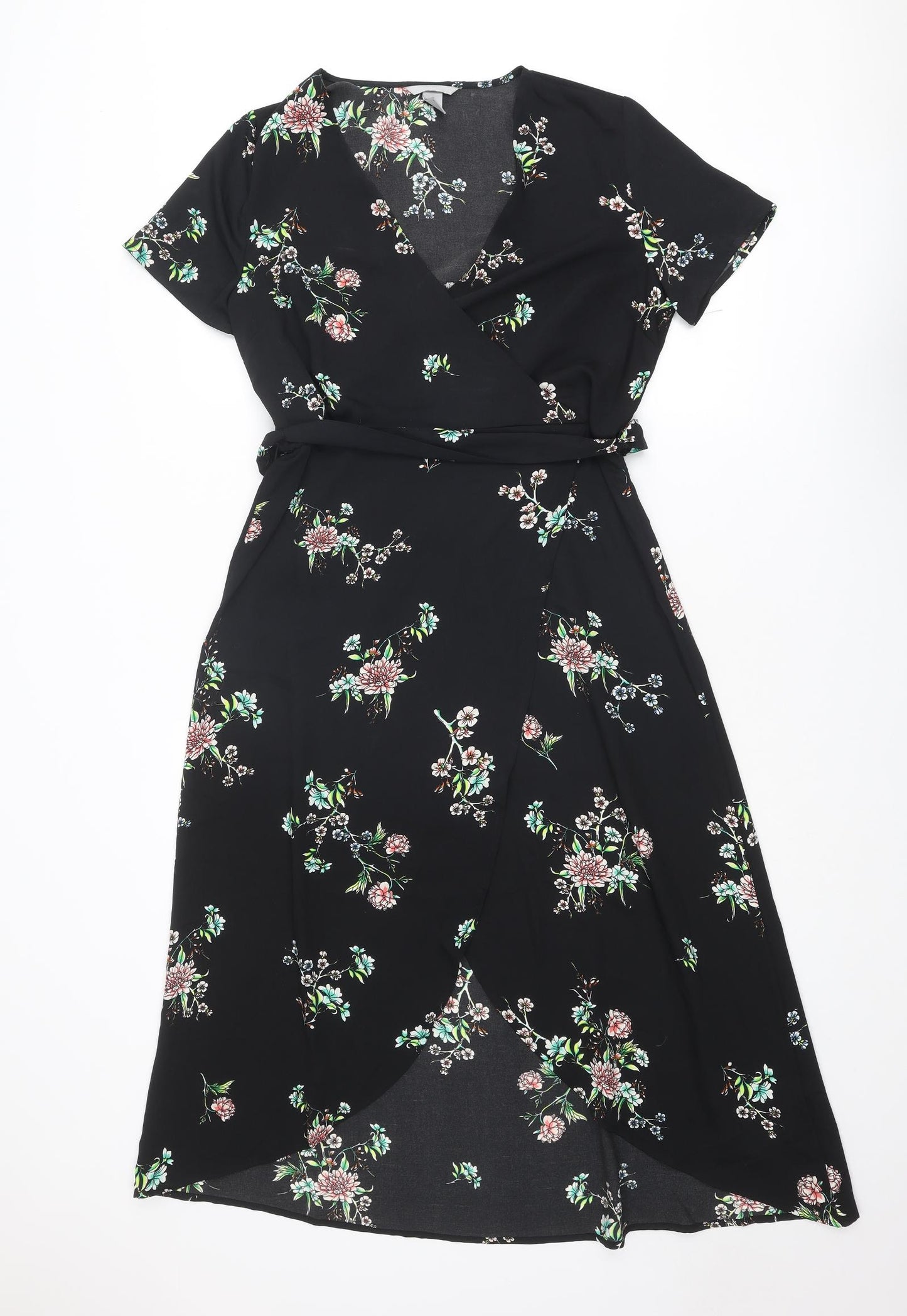 H&M Womens Black Floral Polyester A-Line Size 10 V-Neck Pullover