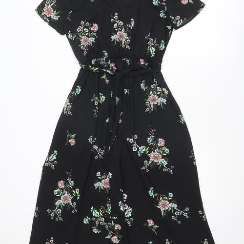 H&M Womens Black Floral Polyester A-Line Size 10 V-Neck Pullover