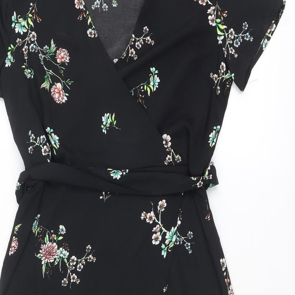 H&M Womens Black Floral Polyester A-Line Size 10 V-Neck Pullover