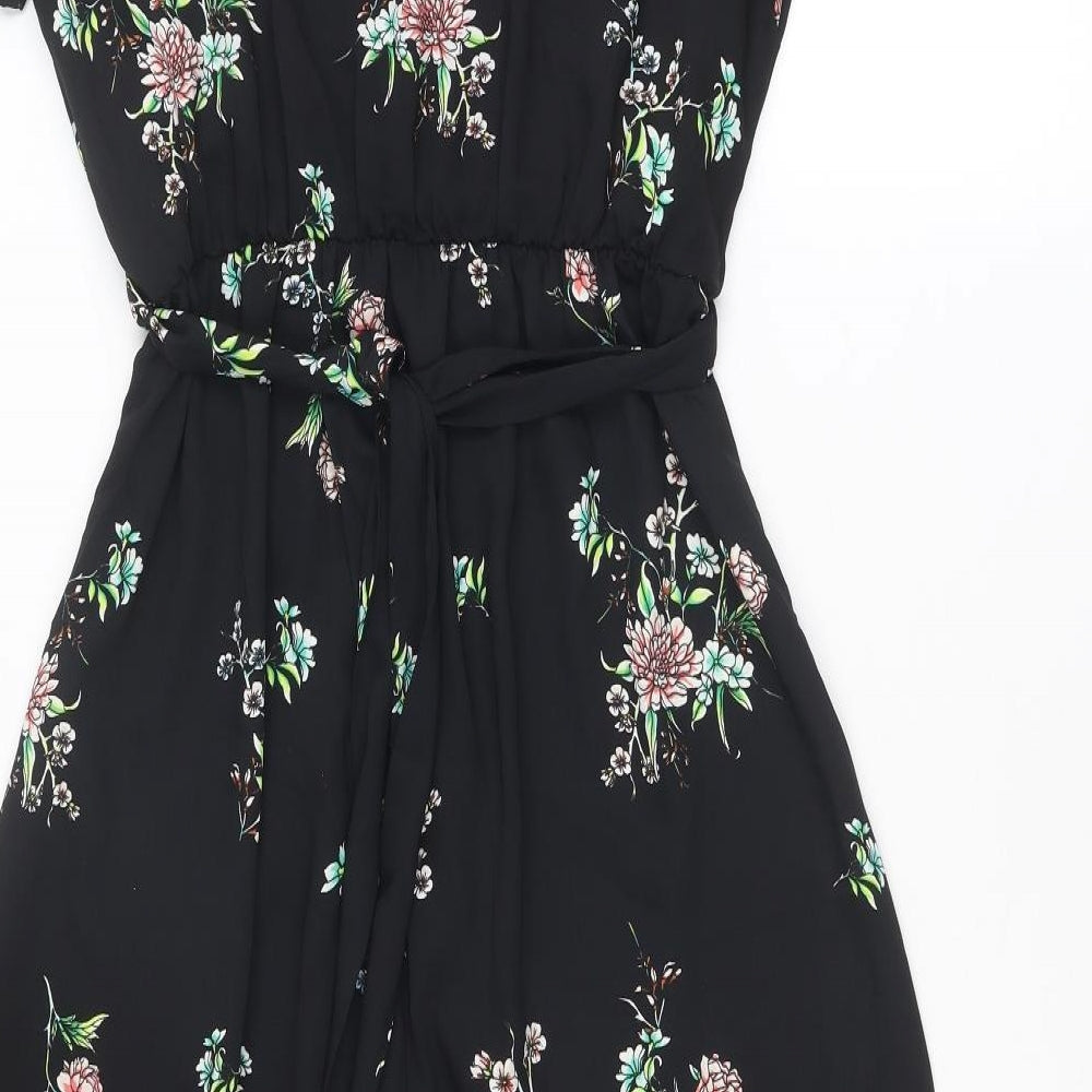 H&M Womens Black Floral Polyester A-Line Size 10 V-Neck Pullover