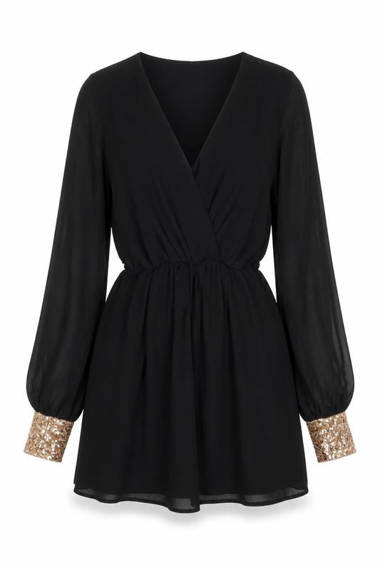 Front view of ASOS women’s black polyester mini, size UK 8, v-neck pullover