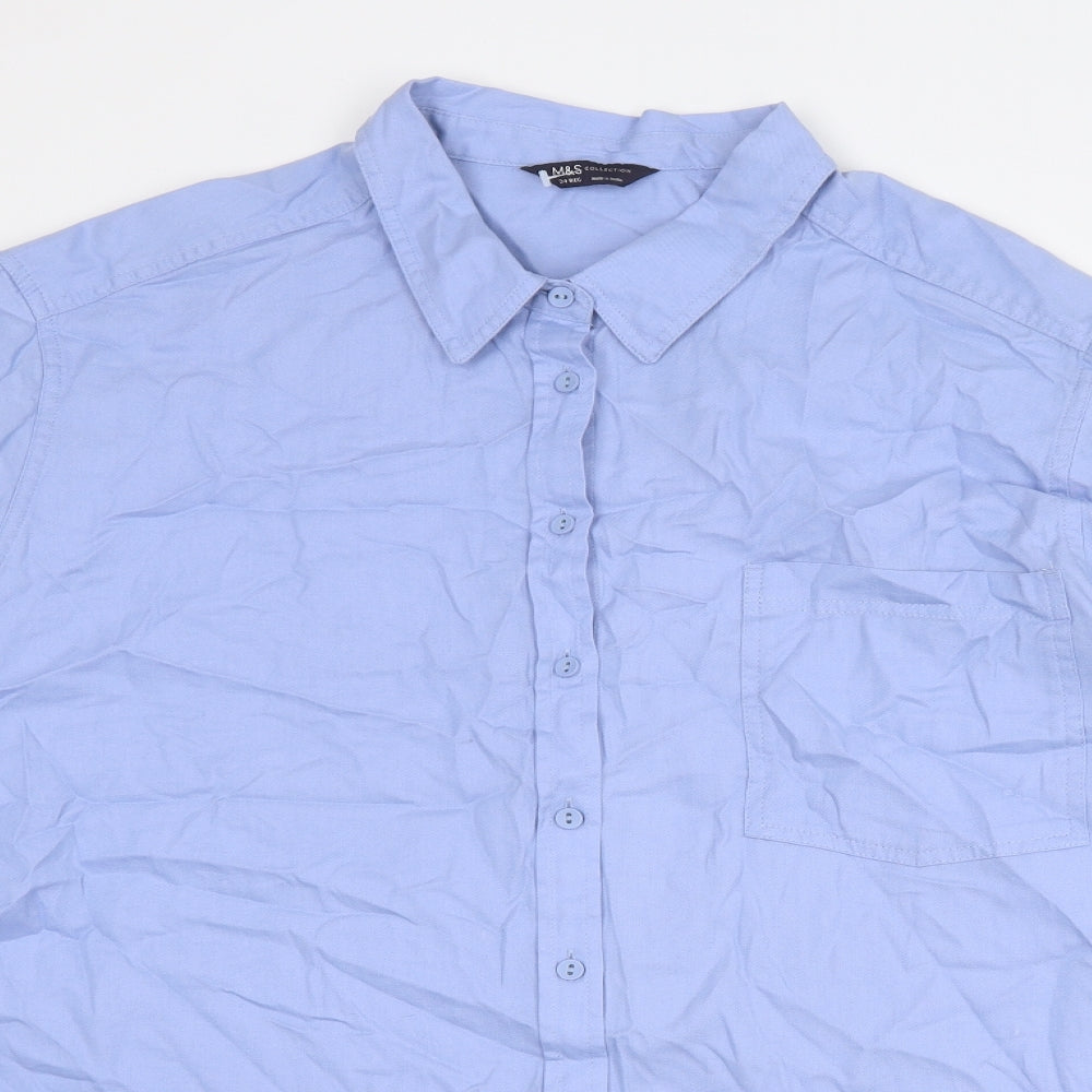 Marks and Spencer Womens Blue Cotton Basic Button-Up Size 24 Collared
