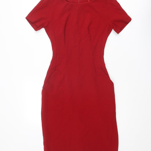 NEXT Womens Red Polyester Shift Size 6 Round Neck Zip