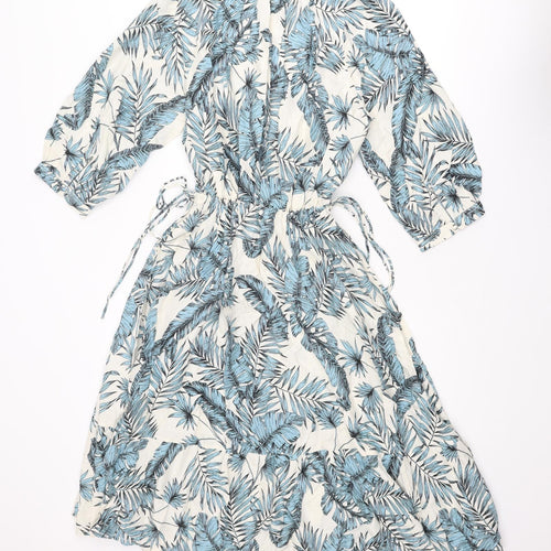 H&M Womens Blue Geometric Viscose Fit & Flare Size 12 V-Neck Pullover - Leaf pattern