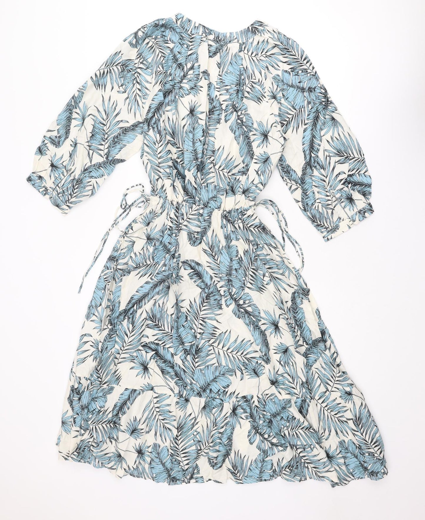 H&M Womens Blue Geometric Viscose Fit & Flare Size 12 V-Neck Pullover - Leaf pattern