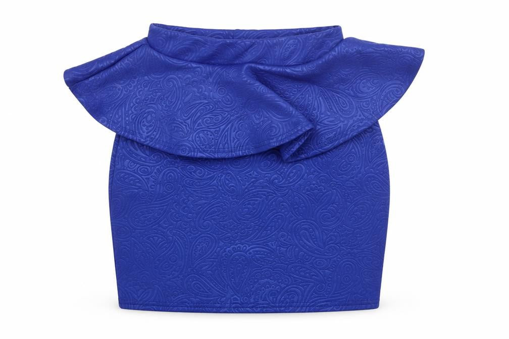 Front view of Miso women’s blue geometric polyester mini skirt, size UK 10, - peplum