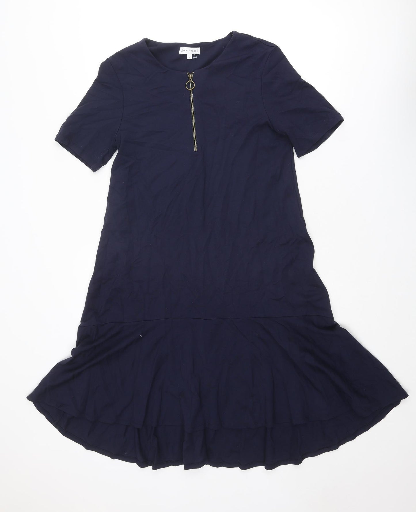 Warehouse Womens Blue Viscose Trapeze & Swing Size 10 Crew Neck Zip