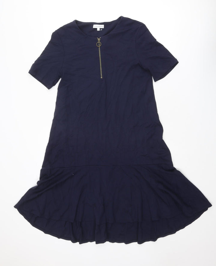 Warehouse Womens Blue Viscose Trapeze & Swing Size 10 Crew Neck Zip