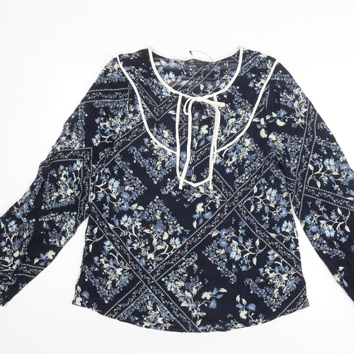Marks and Spencer Womens Blue Floral Viscose Basic Blouse Size 10 Round Neck