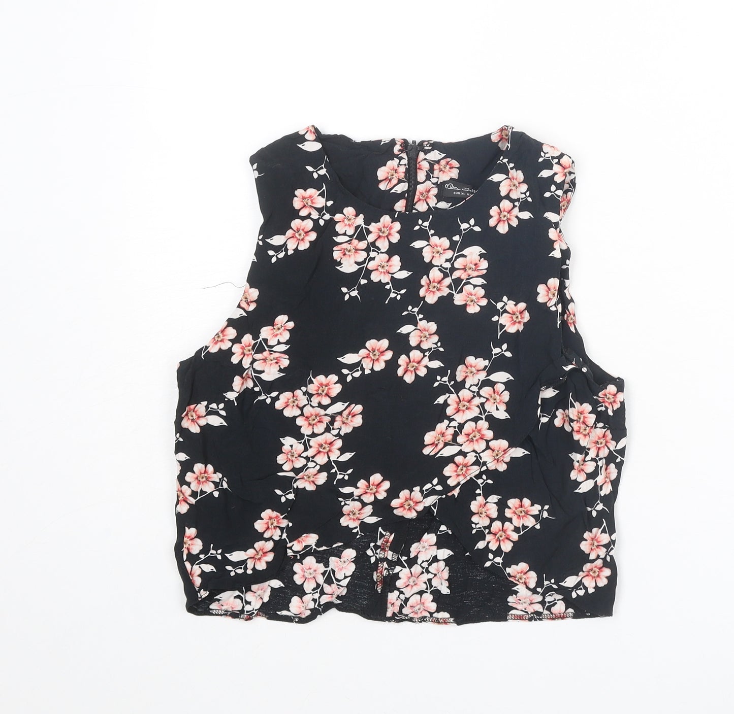 Miss Selfridge Womens Black Floral Viscose Basic Tank Size 8 Round Neck