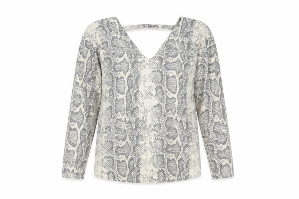 Front view of Next women’s beige v-neck animal print polyester jumper, size UK 8, - snakeskin pattern