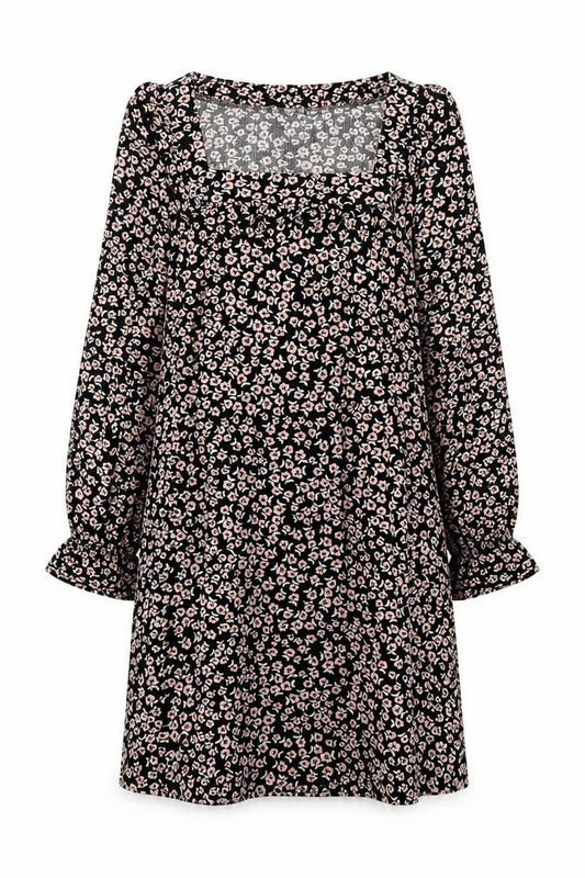 Front view of Miss Selfridge women’s multicoloured floral polyester a-line, size UK 12, square neck pullover