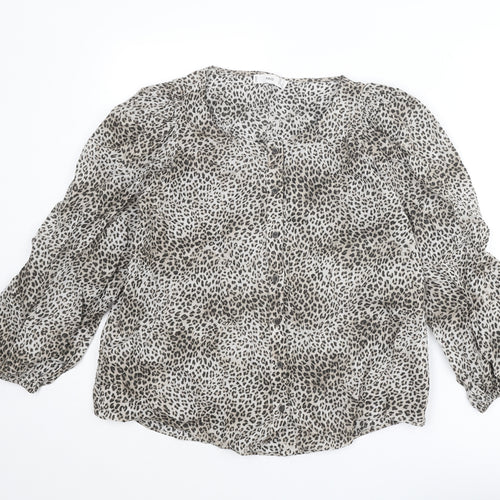 Mango Womens Beige Animal Print Cotton Basic Button-Up Size S Round Neck - Leopard Print
