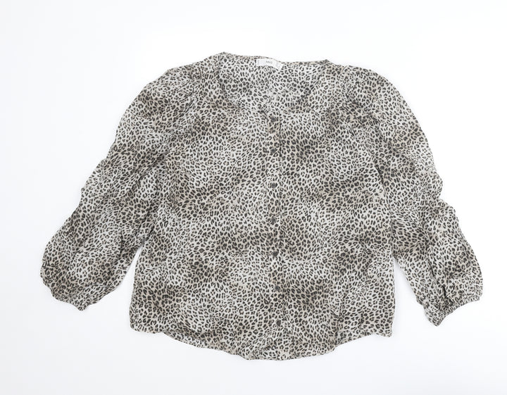 Mango Womens Beige Animal Print Cotton Basic Button-Up Size S Round Neck - Leopard Print