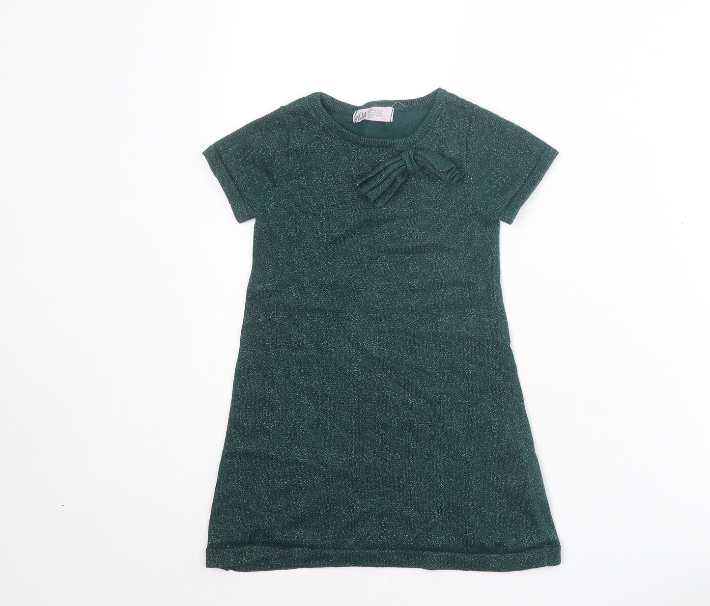 H&M Girls Green Cotton A-Line Size 3-4 Years Round Neck Pullover