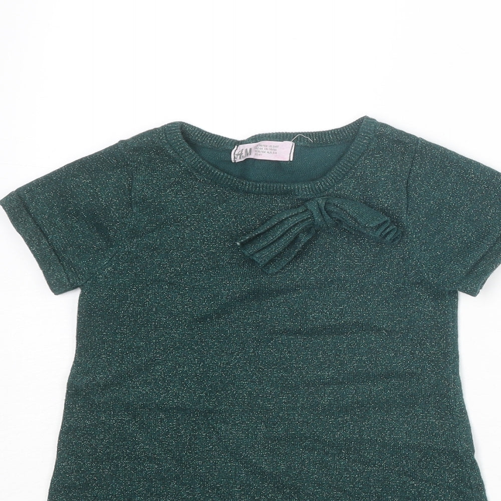 H&M Girls Green Cotton A-Line Size 3-4 Years Round Neck Pullover