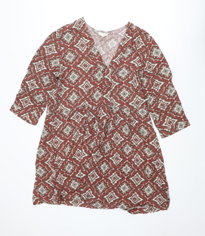 H&M Womens Red Geometric Viscose A-Line Size 12 V-Neck Pullover