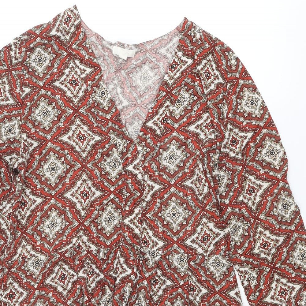 H&M Womens Red Geometric Viscose A-Line Size 12 V-Neck Pullover