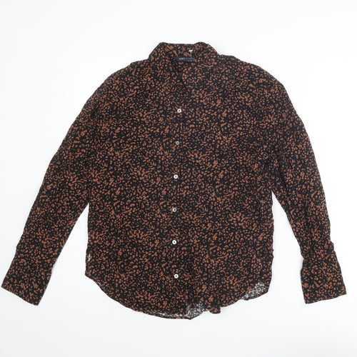 Marks and Spencer Womens Brown Geometric Viscose Basic Button-Up Size 6 Collared
