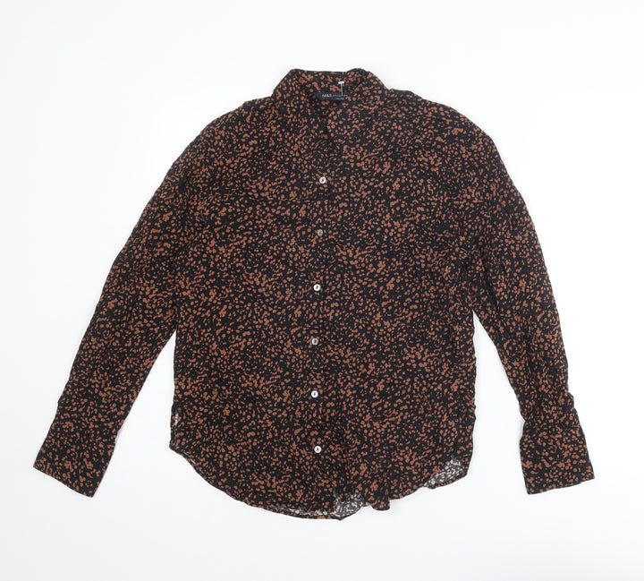 Marks and Spencer Womens Brown Geometric Viscose Basic Button-Up Size 6 Collared