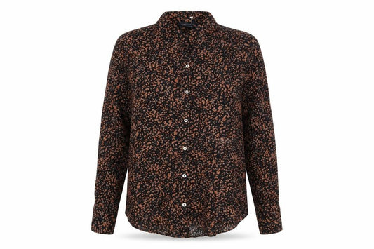 Front view of Marks & Spencer women’s brown geometric viscose basic button-up, size UK 6, collared