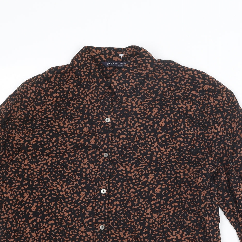 Marks and Spencer Womens Brown Geometric Viscose Basic Button-Up Size 6 Collared