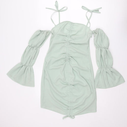 Boohoo Womens Green Polyester Mini Size 12 Off the Shoulder Zip