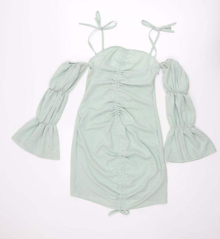 Boohoo Womens Green Polyester Mini Size 12 Off the Shoulder Zip