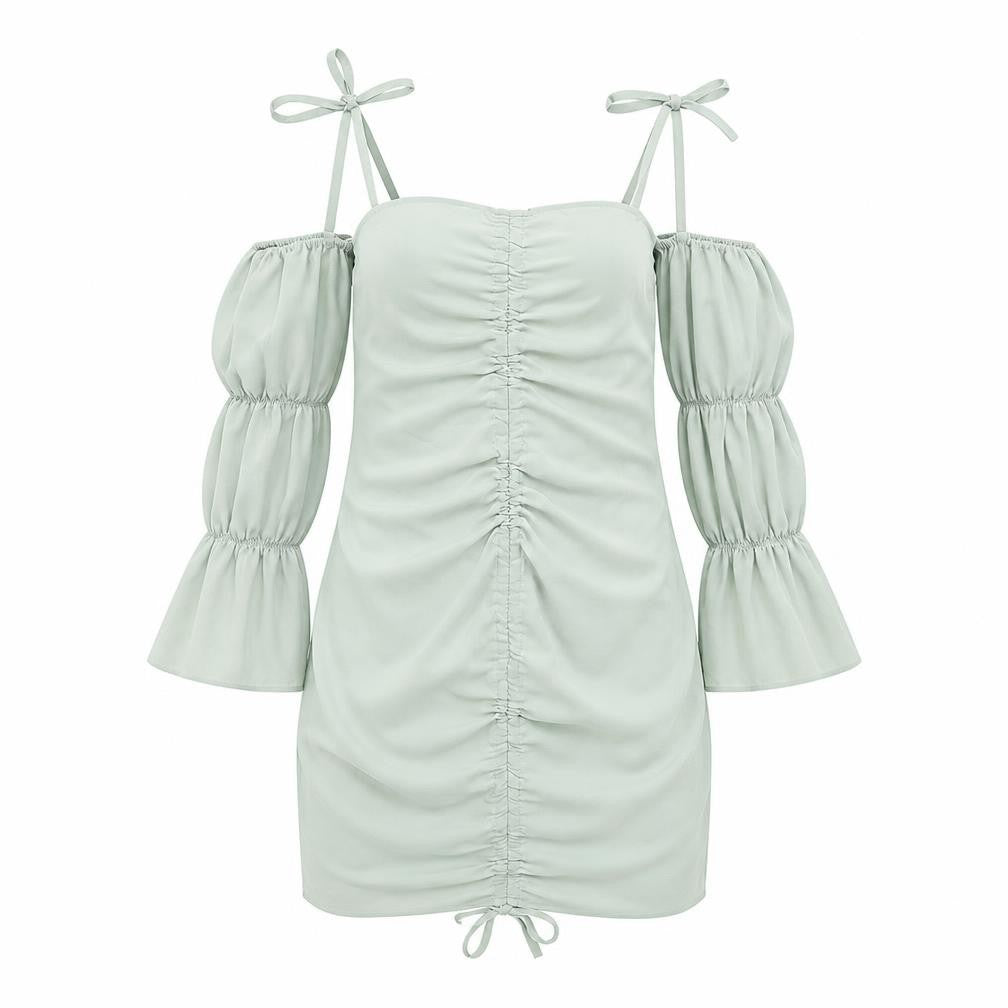 Front view of Boohoo women’s green polyester mini, size UK 12, off the shoulder zip