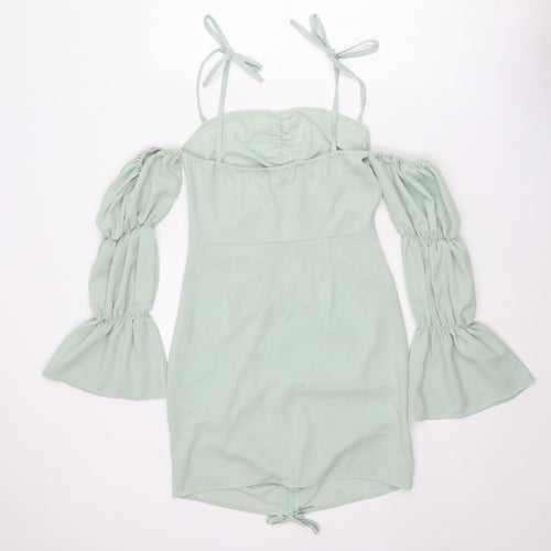 Boohoo Womens Green Polyester Mini Size 12 Off the Shoulder Zip