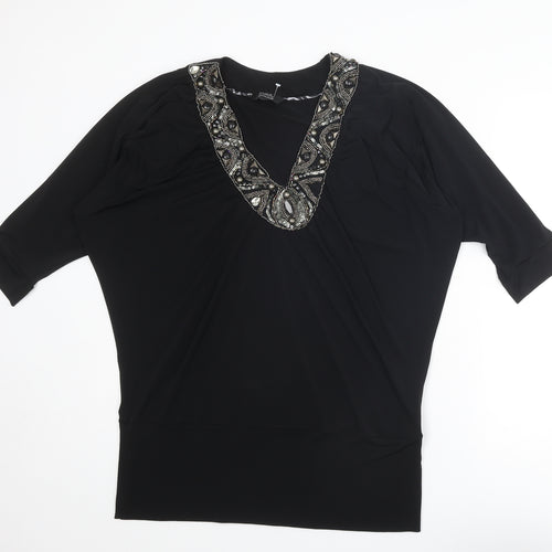 Star by Julien Macdonald Womens Black Polyester Basic T-Shirt Size 16 V-Neck