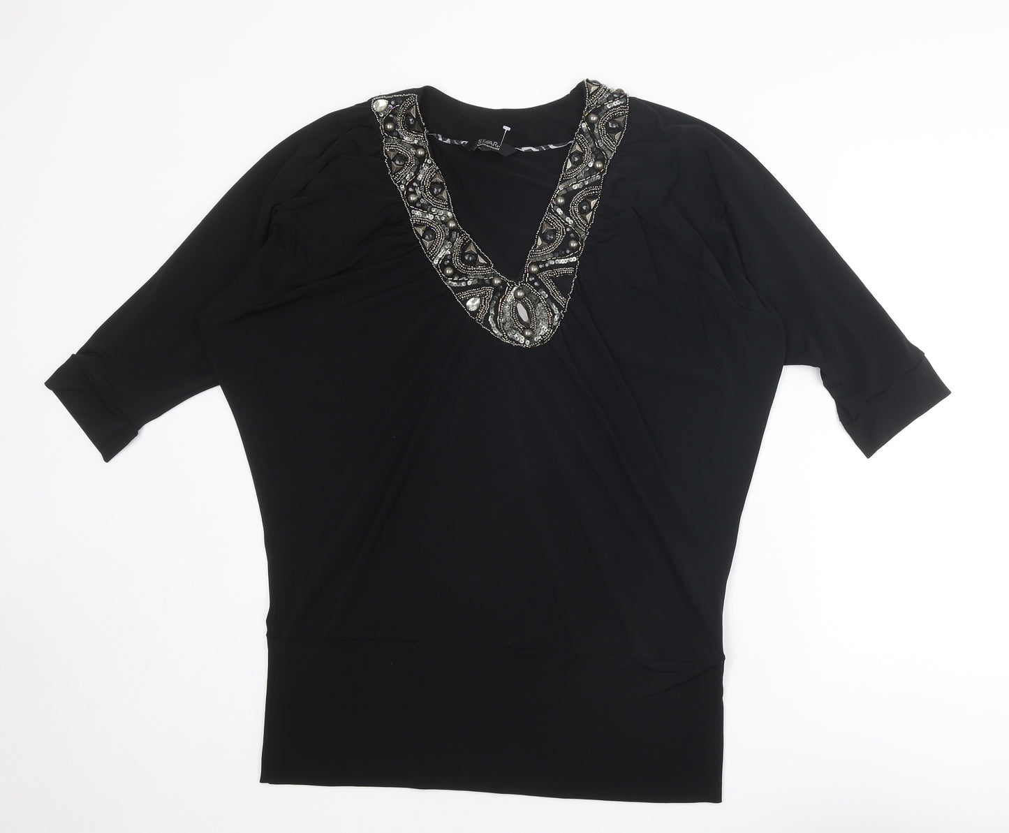 Star by Julien Macdonald Womens Black Polyester Basic T-Shirt Size 16 V-Neck